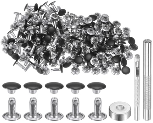 QUARKZMAN 100 Sets 8mm x 10mm Leder Nieten, Metall Doppelkappe Nieten Tubular Runde Druckknöpfe mit 3 Stück Werkzeugen für Handwerk Reparatur Dekoration Gürtel Kleidung (Mattschwarz)