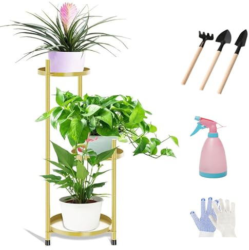Yuezouikl Gold,28X23X82CM, Pflanzenregal Blumenregal, Metall Pflanzenständer Blumenständer, Blumentopfständer Blumentreppe Blumenbank Für Innen Mit Gartengeräte-Sprühgerät Und Handschuhen
