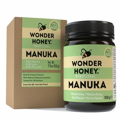 Miel de Manuka Wonder Honey MGO 400+ Certifié (13+) Cru, Non Pasteurisé, Traçable, Non-OGM, Sans Pesticides, Emballé en Nouvelle-Zélande, Pot PET sans BPA | 500g