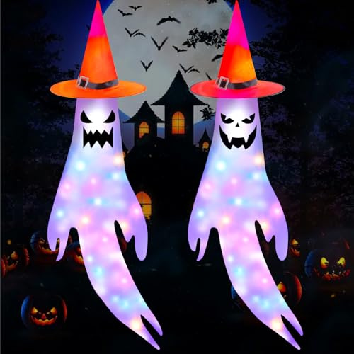 2Pcs Halloween Ghost Windsocks, Hanging Halloween Garden Decorations with 200cm Colorful LED Lights, Halloween Ghost Decorations for Outdoor Indoor Garden Home Yard Hallow-een Party Supplies