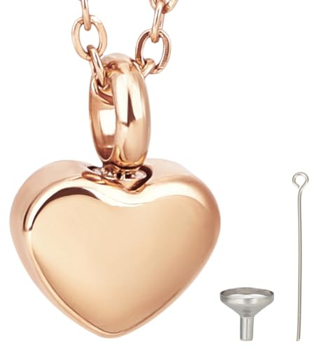 CREATCABIN Collar de Urna de Corazón para Cenizas,Recuerdo,Joyería de Cremación,Colgante de Urna de Acero Inoxidable,Mini Urna,Colgante de Urna de Oro Rosa con Cadena de Cable,Pasador de Embudo