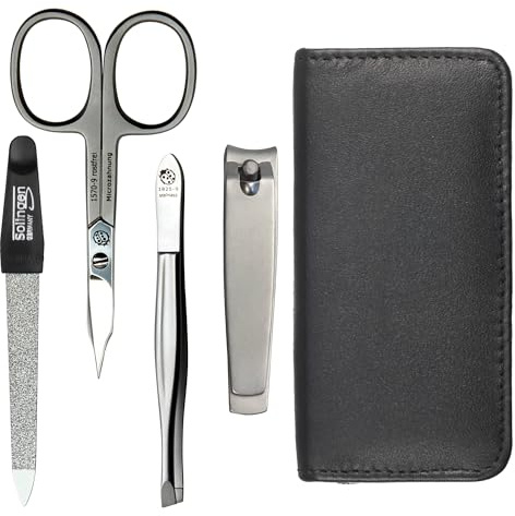 Sonnenschein by Hans Kniebes – Maniküre Set 4 teilig kompakt – Nagelschere, Nagelknipser, Pinzette, Nagelfeile – Nagelpflegeset Nappa-Lammleder Manicure Etui (Schwarz)