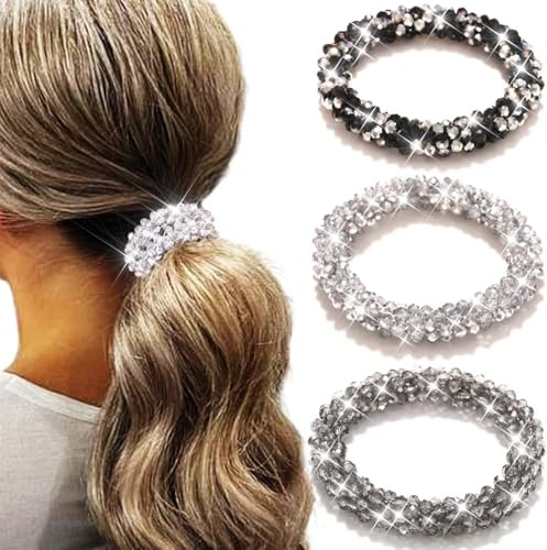 Reaky Strass Hårband Silver Elastiska Hästsvanshållare 3 st Kristall Håraccessoarer för Kvinnor