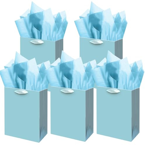Bolsas de regalo Gcardist Blue Lake con papel de seda para boda, cumpleaños, suministros de fiesta, 20 x 11 x 24 cm, Bolsas de regalo de cartón tamaño mediano (5 piezas + 15 piezas de papel de seda)