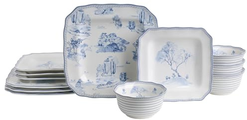 222 Fifth Scenic Toile Blue Porcelain 12-delars middagsservis – servis för 4, inkluderar middagstallrikar, salladstallrikar och flingskålar, glansig finish, diskmaskinssäker, för daglig mat och
