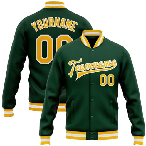 Generisch Herren Personalisierte Baseballjacke Baseball Jacke Oversize Bomberjacken College Jacke Langarm Baseballjacken Teenager Individuelle Namen Nummer Teamnamen (2-Green)