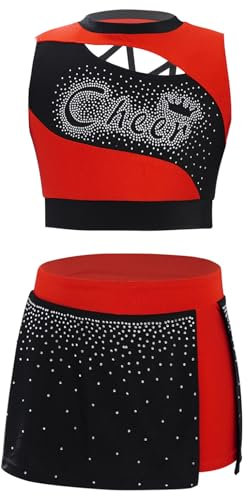Yeahdor Kinder Mädchen Cheerleading Kostüm Cheer Crop Top mit Seite Schlitz Rock Cheer Leader Cosplay Outfit Dancewear Rot 158-164