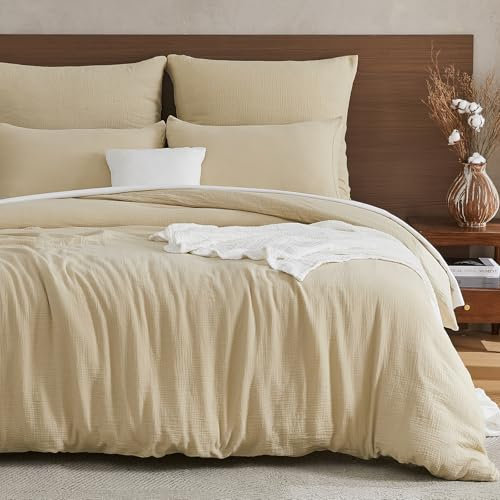 EMME Muslin Bed Linen, 100% Cotton, Summer Bedding Bed Linen, Duvet Cover 155 x 220 cm + Pillowcase 80 x 80 cm, Beige, Oeko-Tex