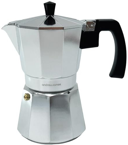 andrew james 6 Cup Moka Pot Coffee Percolator, Italian Espresso Maker Stove top Coffee Maker for Ground Coffee, Aluminium Mocha Pot with Cool Touch Handle (Silver)