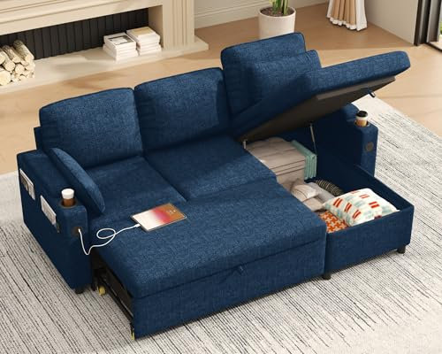 DURASPACE Schlafsofa ausziehbar 2 in 1 Sektional Schlafsofa Couches mit Lagerung, USB, Cup Holder, Pullout Sektional Couches für Wohnung Wohnzimmer (Blau)