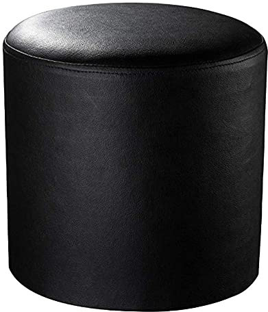 Runder Ottoman-Pouf aus Leder, Fußstütze aus Massivholz, kleiner Couchtisch, schwarzer gepolsterter Hocker für Wohnzimmer, 33 x 33 x 34 cm, stilvolle Heimdekoration