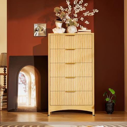 Marsail Fluted 5-Drawer Tall Wooden Dresser, Smooth Gliding Drawers & Large Capacity Storage Space, Modern Organizer Cabinet for Bedroom or Hallway, Natural Oak