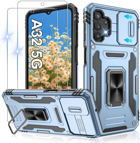 Jshru for Samsung A32 5G Phone Case with Screen Protector | Camera Protective Cover | Ring Stand,Shockproof Bumper Phone Cover,A32 5g-Light Blue