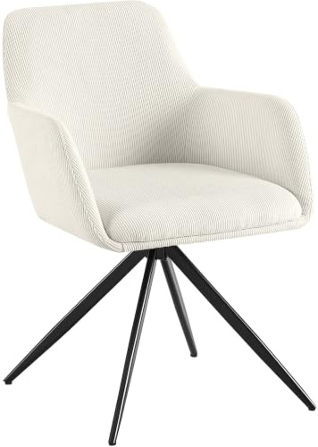 CLP Esszimmerstuhl drehbar Olema Cord, 180° schwenkbarer Sessel mit Armlehne und Rückenlehne, bis 150 kg Belastbarkeit Farbe Creme