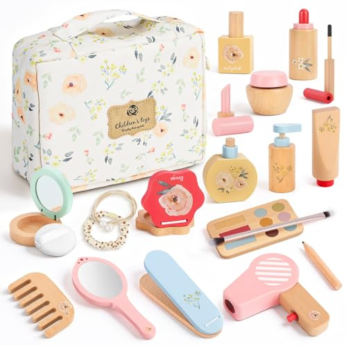 BuntWunder Set Trucchi Bambina in Legno Finti, 25 Pezzi Set di Trucchi e Parrucchiere in Legno, Finto Trucco con Trousse Cosmetici e Elastici, Montessori Giochi di Ruolo, Regalo Bimba