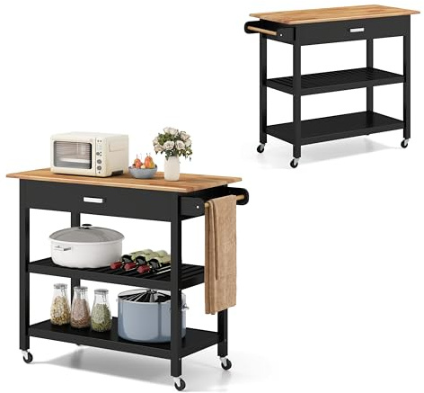 KOMFOTTEU Carrello da cucina su ruote, carrello da portata con piano di lavoro, cassetto, 2 ripiani aperti, trolley da cucina con maniglia, carrello da cucina per sala da pranzo