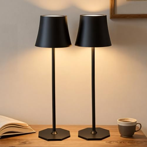Aloo LED Lámpara Mesa Inalámbrica, 2PS Lámpara LED Recargable, con 3 Tonos | Táctil y Regulable con 3 Tonos,Lámpara Inalámbrica Metálica Diseño Portátil Desmontable para Dormitorio,Oficina
