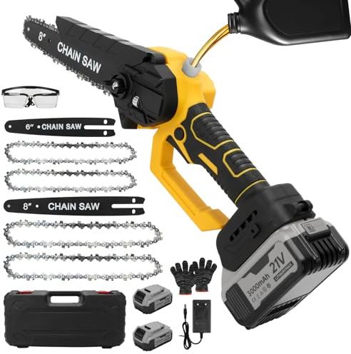 panthem Mini tronçonneuse de 6 et 8 avec 2 batteries 3 Ah, tronçonneuse à main sans balais avec chaîne d'huile et de remplacement automatique, compatible avec batterie DeWalt 20 V, scie électrique