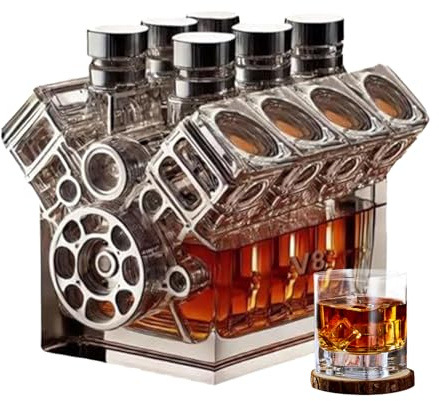 Liquor Decanter - V8 Motor Design Alcohol Dispenser Bottle, Sophisticated Whiskey Presentation Vessel, Premium Glass Construction | Bourbon Tequila Brandy Bar Accessories Retirement Birthday Gift