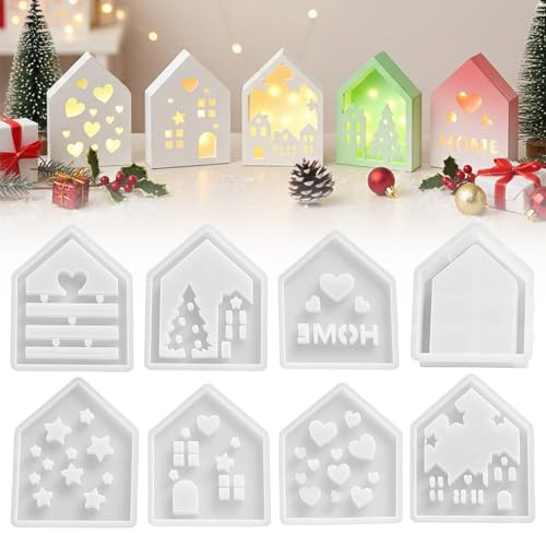 8 Stück Silikonformen Gießformen Häuser 3D Silikonform Haus Weihnachten | Gießformen Silikon Mini Haus, Kerzenform Seifenform Epoxidharz Formen für Seife Gips Gießform