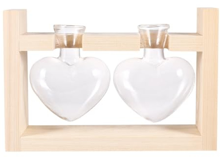 LALAFINA Heart Shape Glass Vases with Wooden Frame, 2pcs Hydroponic Planter Set for Indoor Green Plants, Glass Hydroponics Containers for Home Décor and Flower Arrangement