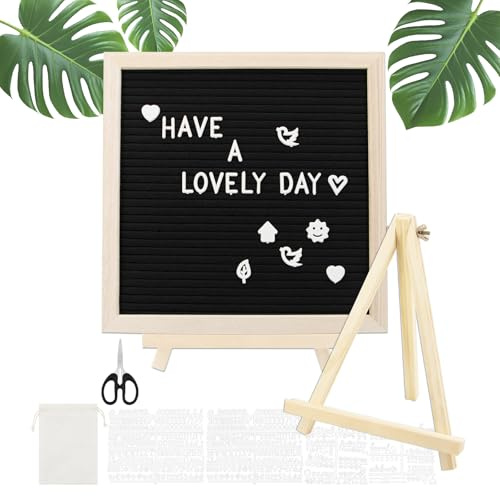 Yuaerbuo Changeable Felt Letter Board Sign, Black Felt DIY Message Board with Letters 10 x 10 inches, Includes 590 Letter Labels & Symbols, Tripod Stand, Storage Bag, Scissors