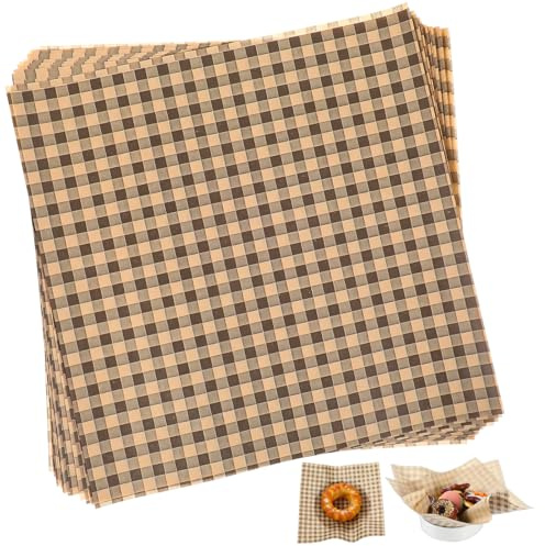 100pcs Waxed Deli Paper Sheets, 7 x 7 Greaseproof Food Basket Liners Squares Checkered Sandwich & Burger Wraps Tray Parchment Liners, Greaseproof Deli Wrapping Sheets,BBQ paper (Coffee-colored)