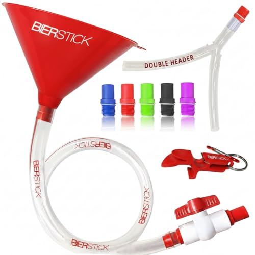 Beer Bong Tube and Funnel - with Valve, Optional Single or Double Header Y-Attachment, 5 Interchangeable Mouthpieces, Shotgun Keychain Tool - Kink-Free Hose for Bierstick Beerbong (Red)