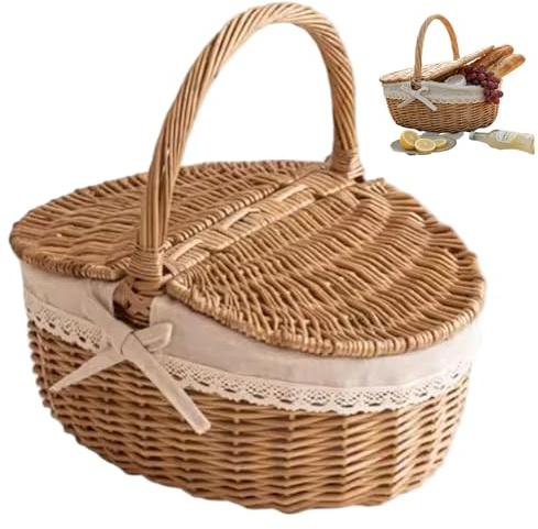 Picknickkorb aus Korbgeflecht im Vintage-Stil, gewebte Picknickkörbe mit Deckel und Griffen für Picknicks, Camping, Einkaufen, Zuhause, Aufbewahrung/klein