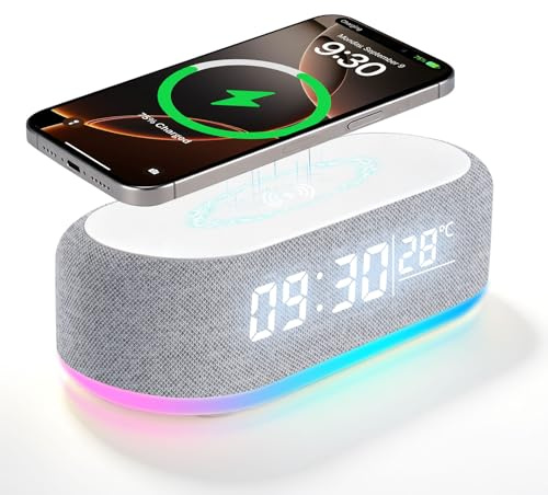 Lizoak Digitaler Wecker mit Ladestation, Multifunktionaler Bluetooth Lautsprecher, Wecker mit Licht und Temperaturanzeige, Smart Wecker, Nachttisch Wecker mit Wireless Charger