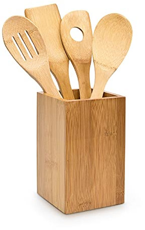Relaxdays Küchenhelfer Bambus 5-teilig je 30 cm als Kochlöffel Set aus Holzlöffel Rührkelle Lochkelle und Pfannenwender mit Halter HBT 16 x 10 x 10 cm als Kochbesteck Küchenutensilien, natur, Braun, 10014471