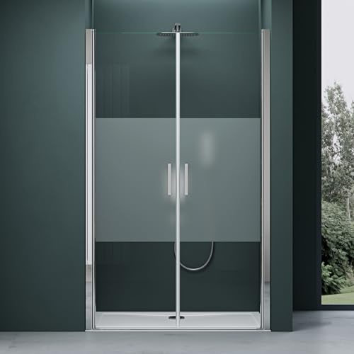 Mai & Mai Duschtür Nischentür dusche Duschabtrennung Duschkabine Schwingtür 180° Doppeltür 6mm ESG Nano-Beschichtung Satiniert Streifen mit Hebe- und Senkmechanismus 90x195cm Teramo24MS