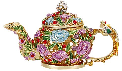 Vie jeune Hand Painted Trinket Box for Home Decor, Hinged Enameled Jewelry Box for Ring Earrings Jewelry Organizer, Unique Vintage Bejeweled Storage Figurine Collectible Keepsake (Teapot)