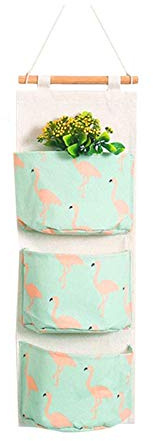 Andiker Wall Hanging Storage Bag, Linen Hanging Storage Organiser, Over Door Storage 3 Pockets Storage Bag with Waterproof PE Coated Interior for Door, Wall, Closet, Wardrobe (Green Flamingo)