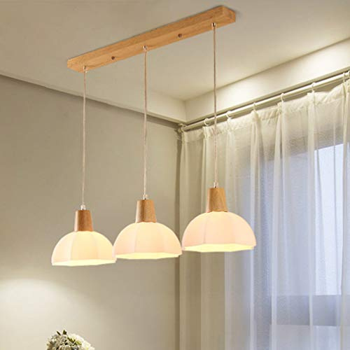 Vintage Holz Pendelleuchte Esszimmer Esstisch Lampe Rechteck Design, Kreativ Decke Kronleuchter Modern Weiß Rund Glas Schirm, Hängelampe Arbeitszimmer Büro Küchenbar, Höhenverstellbar 3-flammig, D60cm
