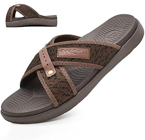 ONCAI Mens Criss Cross Sandals,Arch Support Recovery Sport Slides Slippers with Plantar Fasciitis Orthotic Footbed Brown Size 8