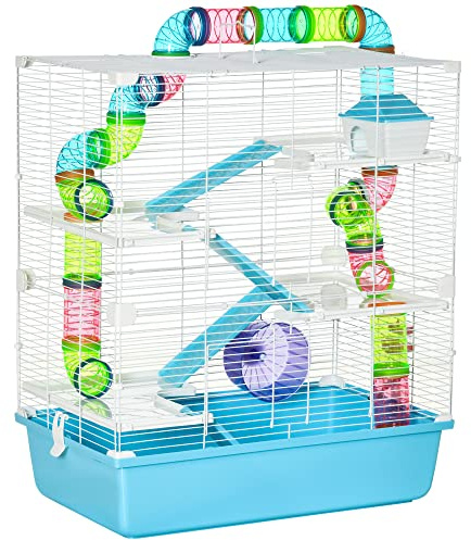 PawHut Gabbia per Criceti a 5 Livelli con Tubi, Casetta, Serbatoio dell'Acqua, Rampe, Ciotola, Piattaforme e Ruota, Gabbietta per Roditori con 2 Maniglie in Acciaio, PP e PS, 59x36x69 cm, Azzurro