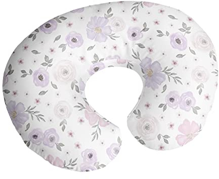 Sweet Jojo Designs Watercolor Floral Nursing Pillow Cover Breastfeeding Pillowcase for Newborn Infant Bottle Breast Feeding Pillow NOT Included Lavender Purple Pink Grey Boho Shabby Chic Rose Flower