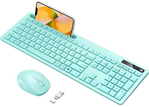 Vivefox Teclado inalámbrico y mouse para MacBook, teclado inalámbrico verde azulado con soporte para teléfono, receptor USB A y tipo C, combo de tamaño completo para Mac, MacBook/Air/Pro Windows PC,