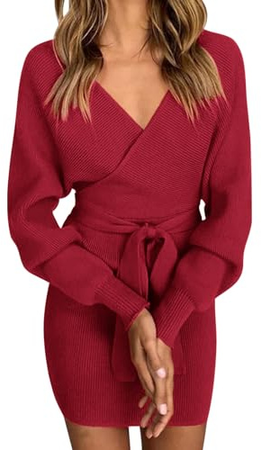 Vancavoo Strickkleid Damen Pulloverkleid V-Ausschnitt Elegant Langarm Pullover Winterkleid Strickpullover Kleid Bodycon Minikleid Sexy Rückenfrei Tunika Kleid Mit Gürtel für Herbst Winter,Rotwein M