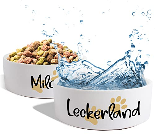 Keramik Doppelnapf mit Namen oder Wunschtext für Hunde & Katzen „Zwei kleine Pfoten“ - personalisiertes Napf-Set mit/ohne Ständer| Hundenapf Futternapf Fressnapf | Futterstation (2X 500ml)