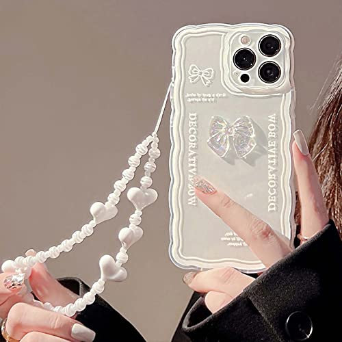Bakicey Hülle für iPhone 12 Pro mit Perlen Armband Handyhülle Glitzer Weiße Schleife Muster hülle Transparent Schutzhülle Weiche TPU Mode Mädchen Case Cover für iPhone 12 Pro