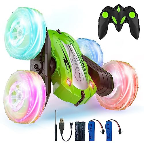 Rodzon Ferngesteuertes Auto 3 4 5 6 7 8 9 Jahre Spiele LED Blinken RC Auto Spielzeug Jungen Mädchen Geschenke Kinder Toy 2.4Ghz 4WD 360° Flipper Drift RC Car mit 2 Aufladbarer Batterien (Grün)