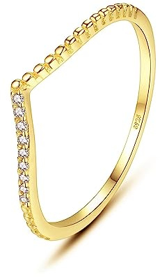 Bellitia Jewelry 18K Oro Apilable Anillos Delgados Nudillos Banda para Mujeres Niñas Plata de Ley 925 V Anillos Minimalista de Dedo Liso Plata Oro Tamaño 9-22, Media Eternidad, Diamante CZ