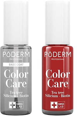 PODERM - LOT 2 PRODUITS | SOIN VERNIS PROFESSIONNEL | Base Coat Tenue Parfaite + Vernis ROUGE ALLURE Tea Tree | Prévention & Traitement des Ongles Jaunes/Abîmés | SOIGNE & COLORE | Swiss Made