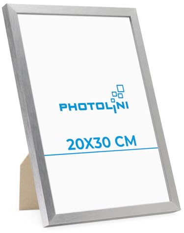 PHOTOLINI Bilderrahmen 20x30 Silber MDF-Holz Poster-Bilderrahmen 30x20 cm, bruchsicheres Acrylglas, zum Aufhängen & Aufstellen, extra Zubehör - für Fotos & Poster