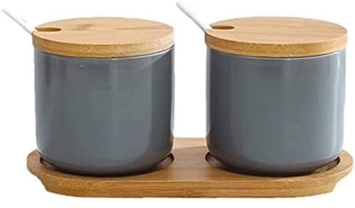 FülleMore 2er Set Zuckerdose Salzdose aus Keramik Gewürzgläser Gewürzbehälter mit Deckel,Löffel und Tablett 260ml Gewürzbox zur Aufbewahrung von Zucker,Salz,Gewürze,Kaffee,Tee (Grau)