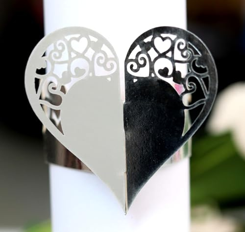 50 Stück Liebe Herz Papier Serviettenring ausgehöhlte Serviettenschnallen Papier Serviettenschnalle für Hochzeit Taufe Kommunion Graduierung Geburtstag Weihnachten Bankett -reflektierendes Silber