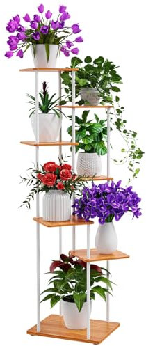 7-Tier Pflanzenregal Hölzern Metall Blumenregal, 130cm Mehrstöckig Pflanzenständer Innen Außen Blumentreppe für Mehrere Pflanzen Blumenständer für Garten Patio Balkon Deko Wohnzimmer Büro, Weiß