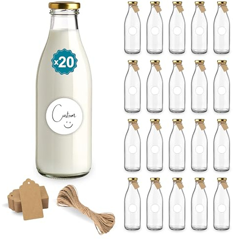 Espirito Rebelde 20 bottiglie di vetro vuote, 1000 ml, con scatola, filo, etichette kraft e etichetta personalizzabile, bottiglie di vetro per succo, latte, barbecue, salse, matrimoni
